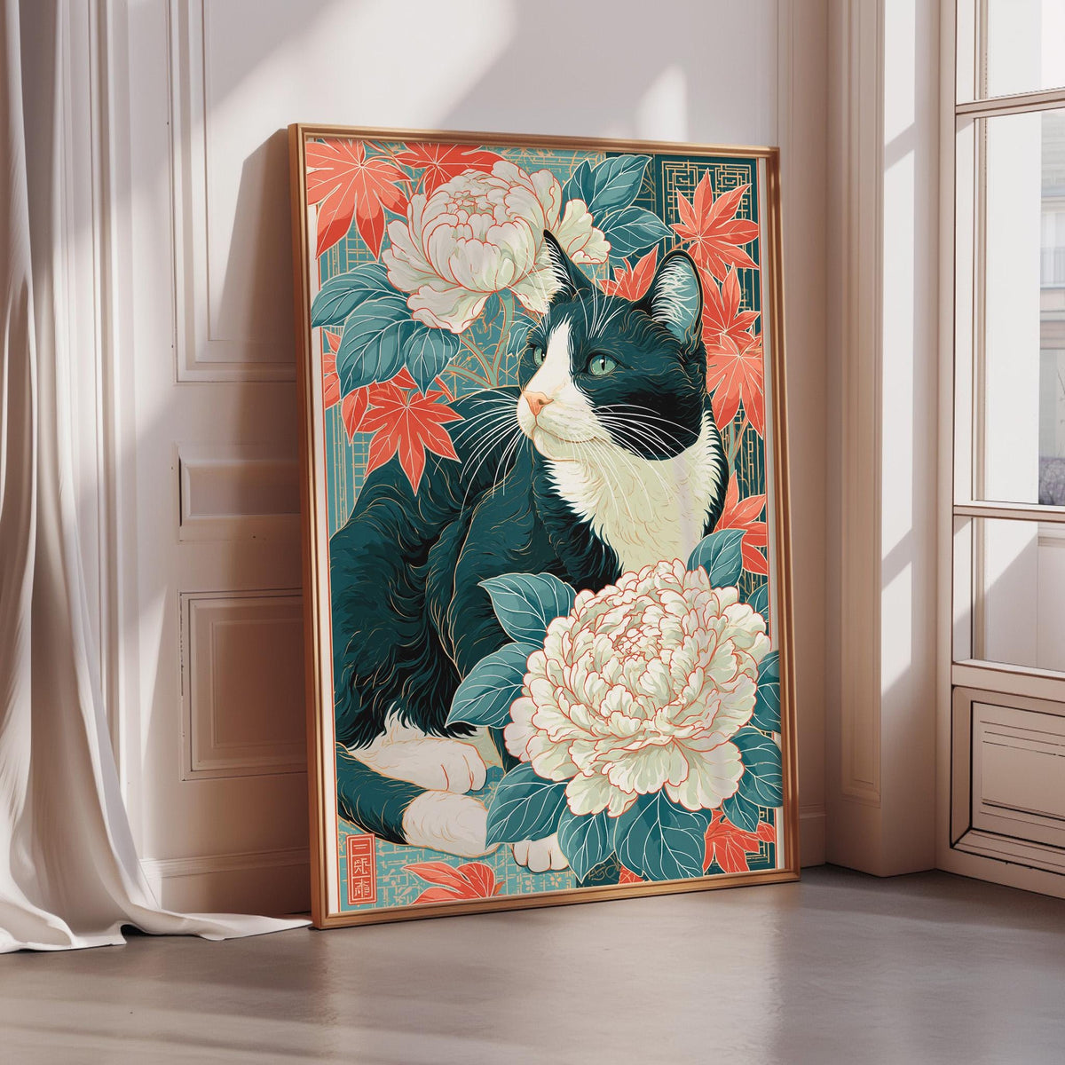 A framed illustration of a black and white cat sitting amidst a vibrant floral arrangement.