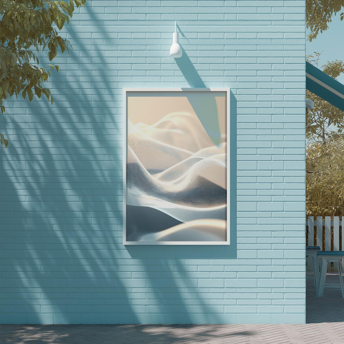 a blue brick wall with a framed picture hanging on it. The picture depicts a serene landscape with rolling hills and a body of water.