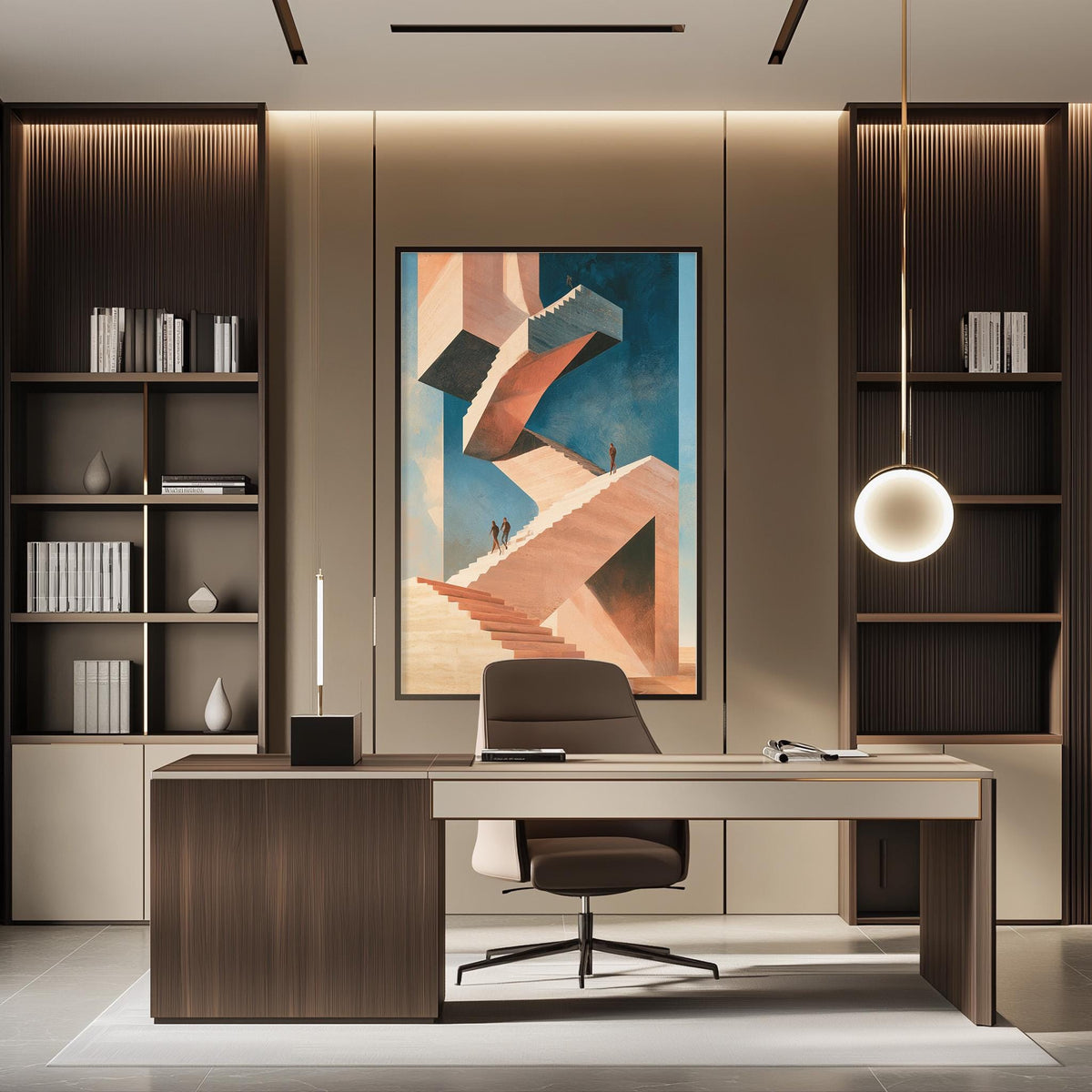 a modern and stylish office space with a large abstract painting of a staircase as the focal point. The office features a wooden desk, a comfortable chair, and a bookshelf filled with books and decorative items. The overall design and layout of the space create a professional and visually appealing atmosphere.