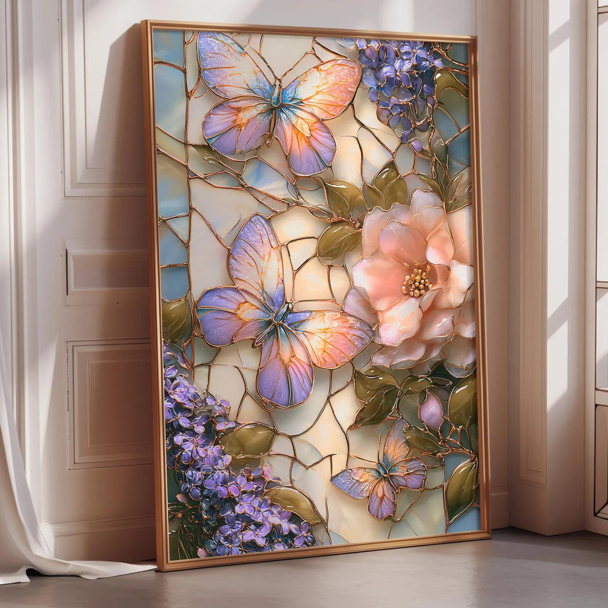 A framed stained glass artwork depicting a vibrant floral scene with butterflies and flowers in shades of pink, purple, and blue.