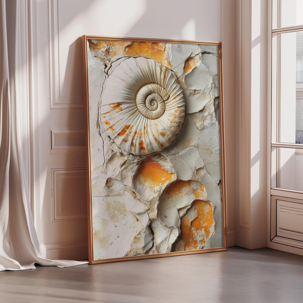 a framed photograph of a spiral shell against a textured background, placed on a white wall in a room with a window.