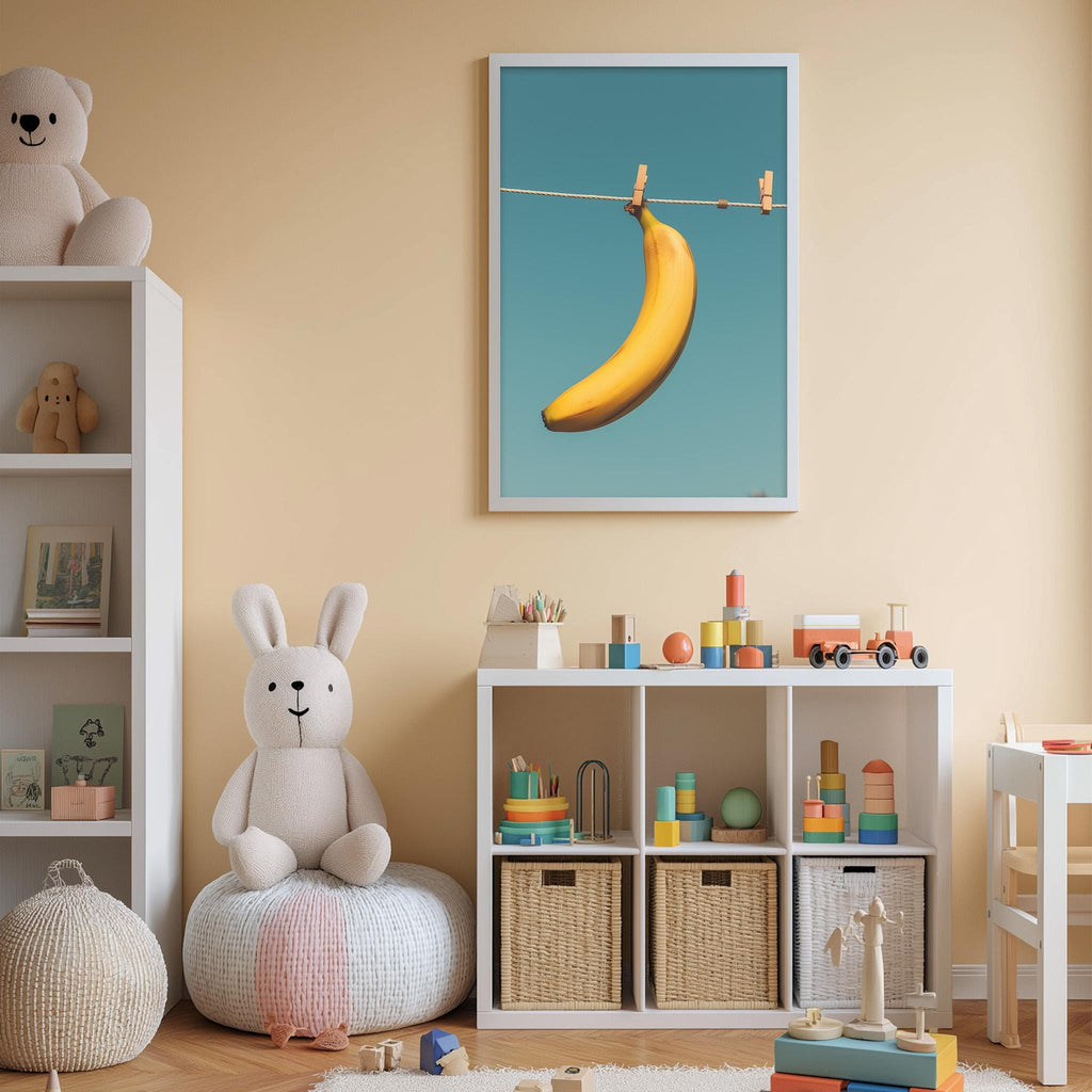 A cozy children's room with a white rabbit sitting on a bean bag chair, surrounded by various toys and storage bins. A framed image of a banana hanging from a clothesline is displayed on the wall, and a bookshelf filled with books and toys can be seen in the background.