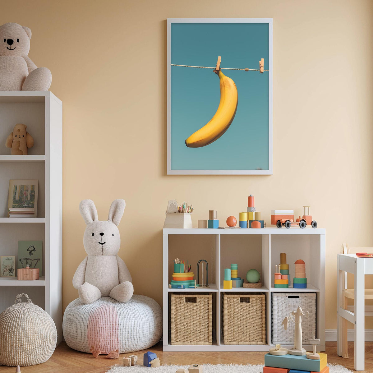 A cozy children's room with a white rabbit sitting on a bean bag chair, surrounded by various toys and storage bins. A framed image of a banana hanging from a clothesline is displayed on the wall, and a bookshelf filled with books and toys can be seen in the background.