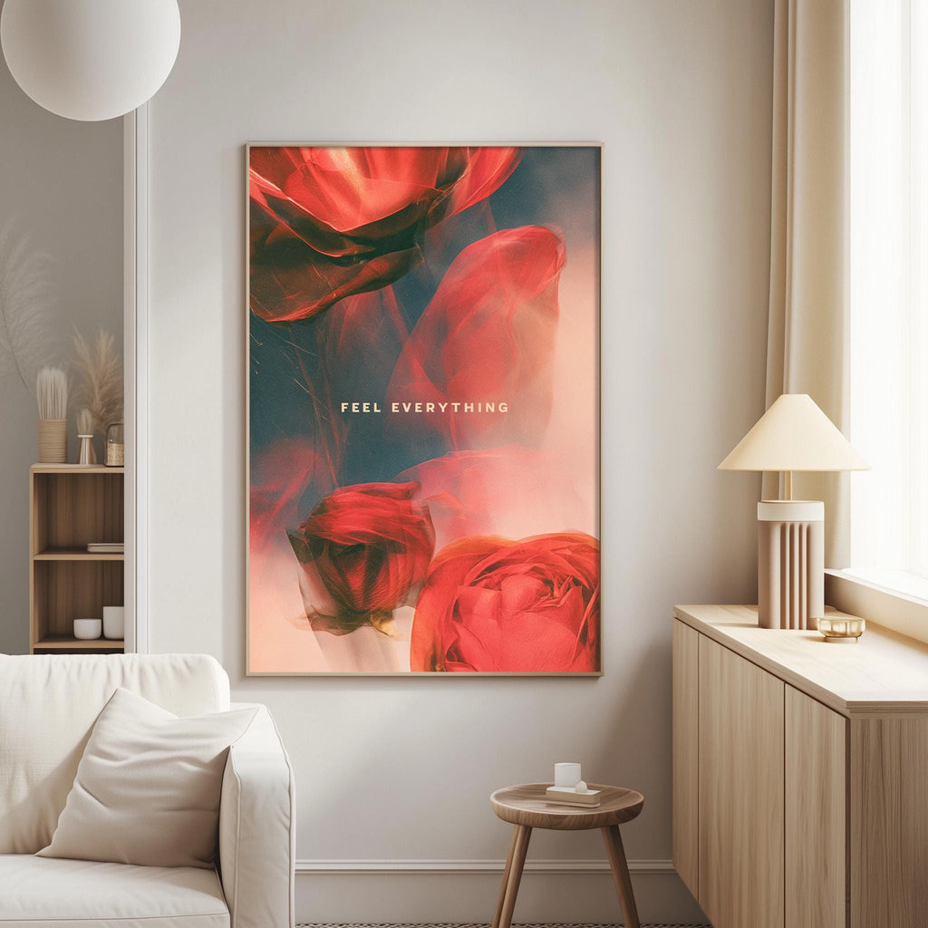 a large framed poster with a vibrant red rose design, hanging on a wall in a living room setting.