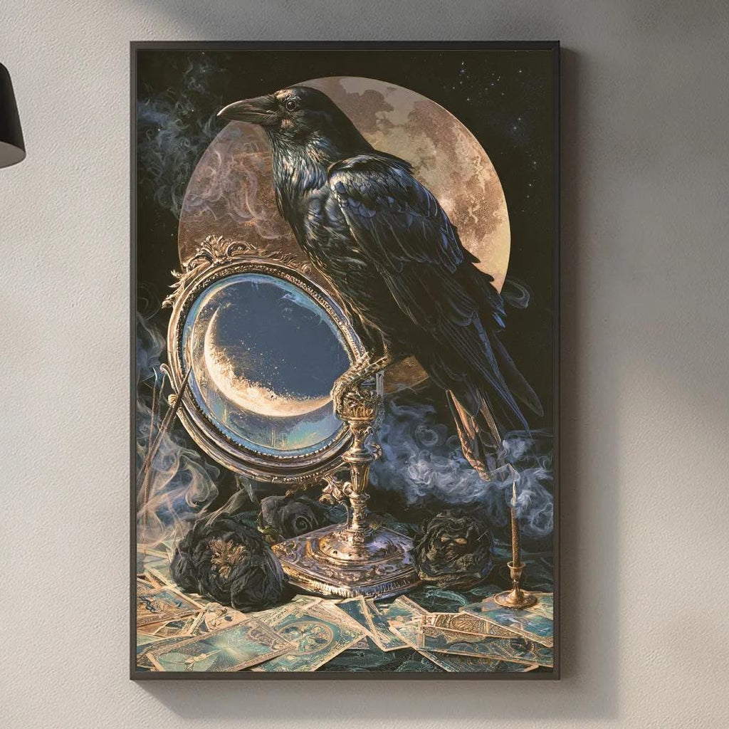 a large framed painting of a crow perched on a crescent moon, which is hanging on a wall above a kitchen counter.