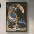 a large framed painting of a crow perched on a crescent moon, which is hanging on a wall above a kitchen counter.