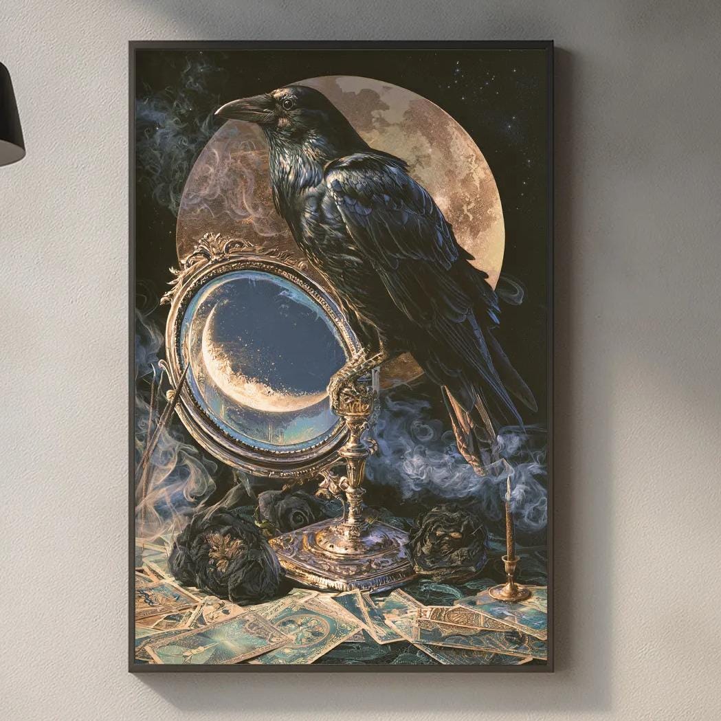 a large framed painting of a crow perched on a crescent moon, which is hanging on a wall above a kitchen counter.