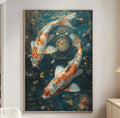a large painting of two koi fish swimming in a blue underwater scene, with a clock and other decorative elements in the background.