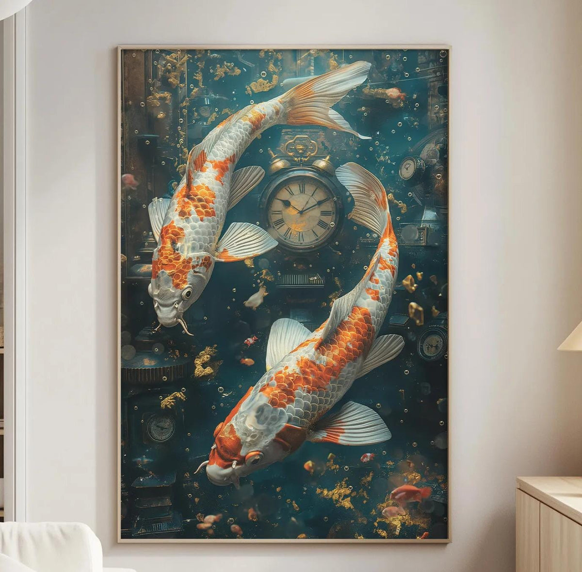 a large painting of two koi fish swimming in a blue underwater scene, with a clock and other decorative elements in the background.