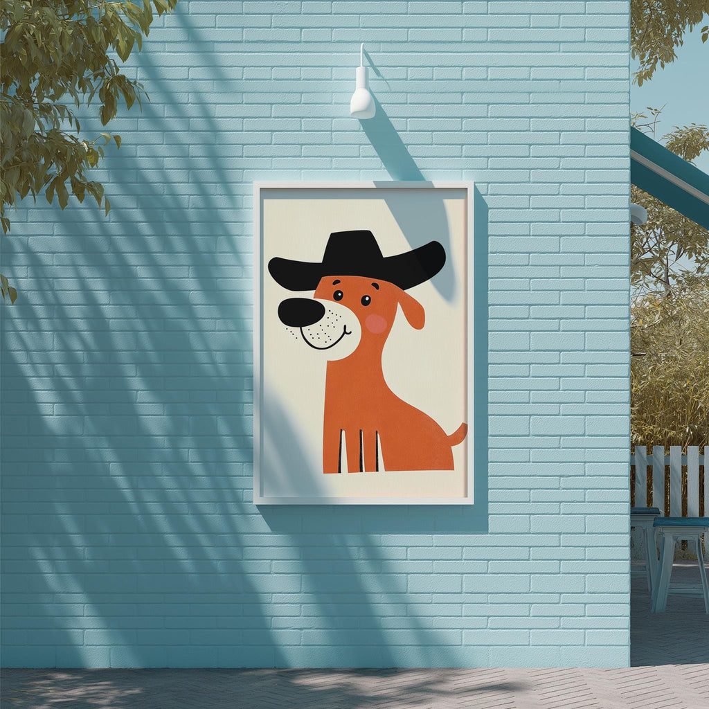 A framed illustration of a dog wearing a black hat is displayed on a light blue wall.
