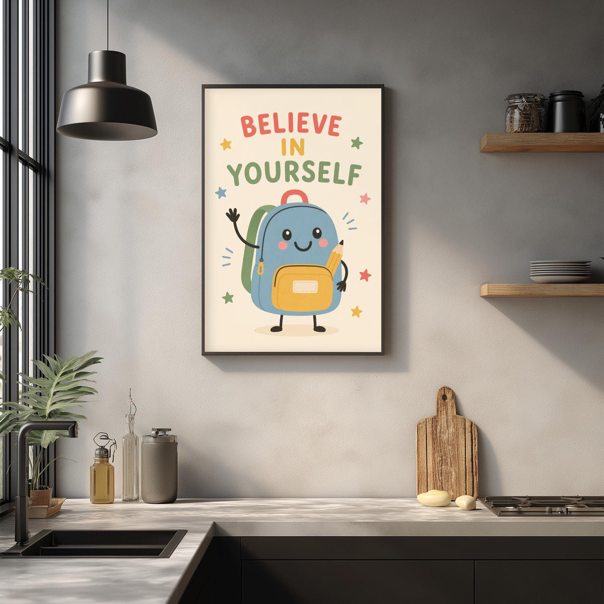 a kitchen counter with various kitchen items, such as a cutting board, a knife, and a bottle. Above the counter, there is a framed poster with a cartoon backpack and the text "Believe in yourself" written on it.