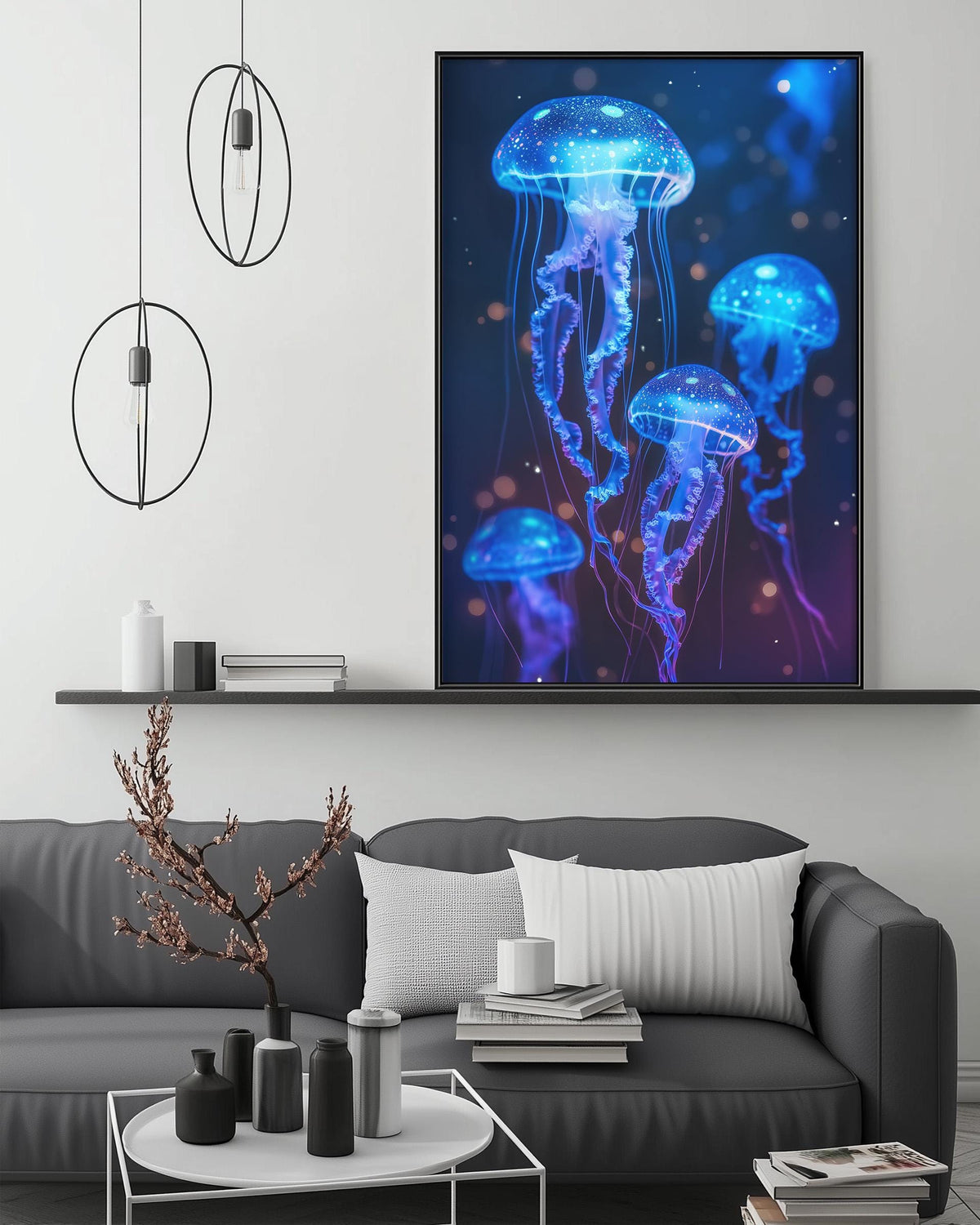 a large framed artwork depicting three glowing jellyfish floating in a dark blue and purple underwater scene, hanging on a wall above a gray couch with a coffee table in front of it.