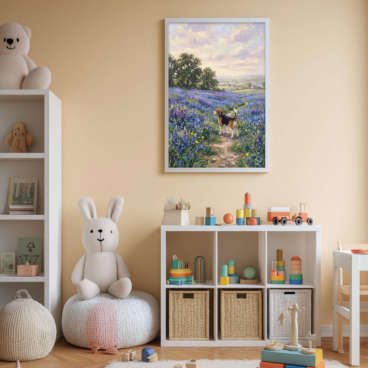 A cozy children's room with a large stuffed bunny, a bookshelf, and a toy chest filled with toys. A framed painting of a dog walking through a field of flowers is hanging on the wall above the bookshelf.