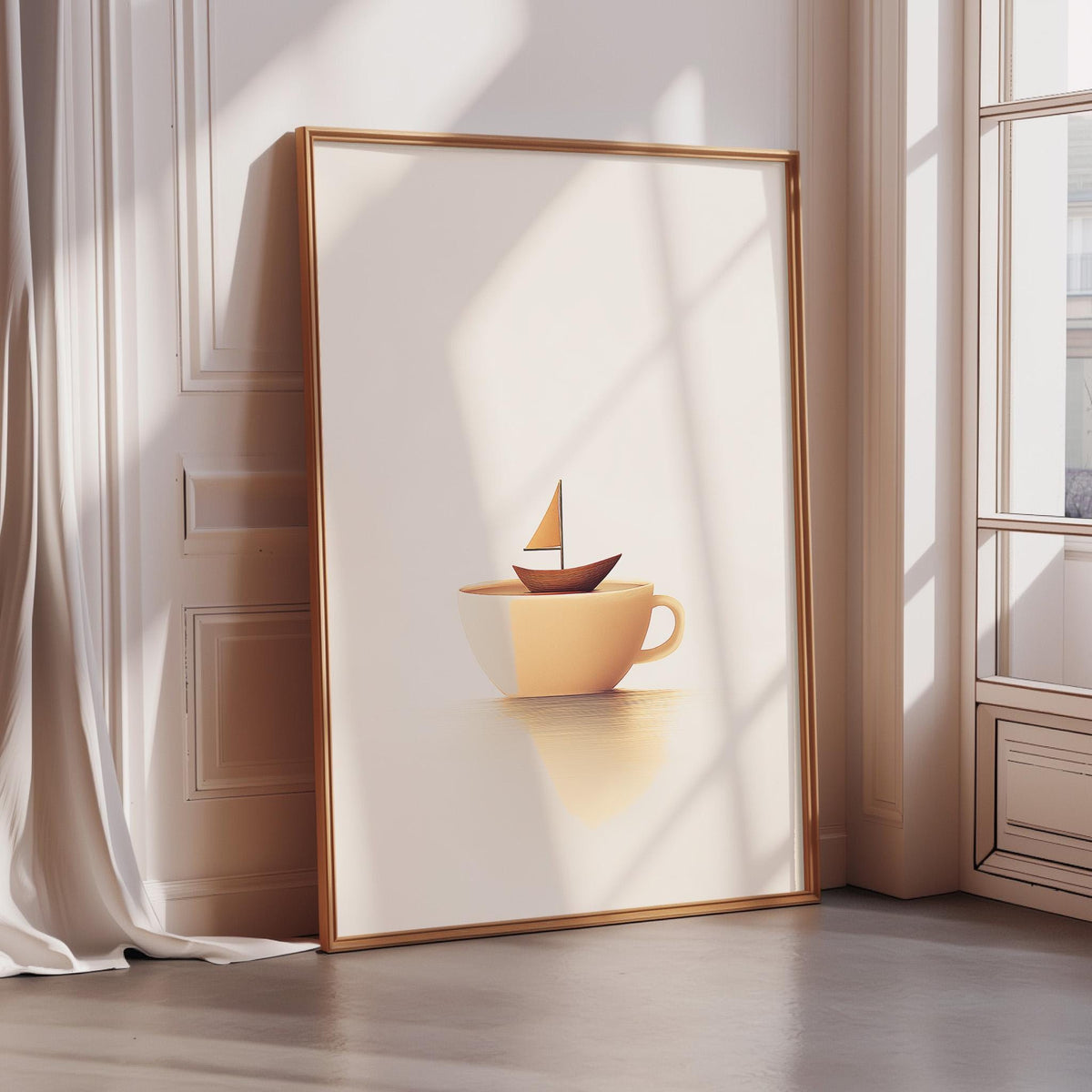 A framed artwork depicting a sailboat on a cup of coffee is displayed on a white wall in a room with a window.