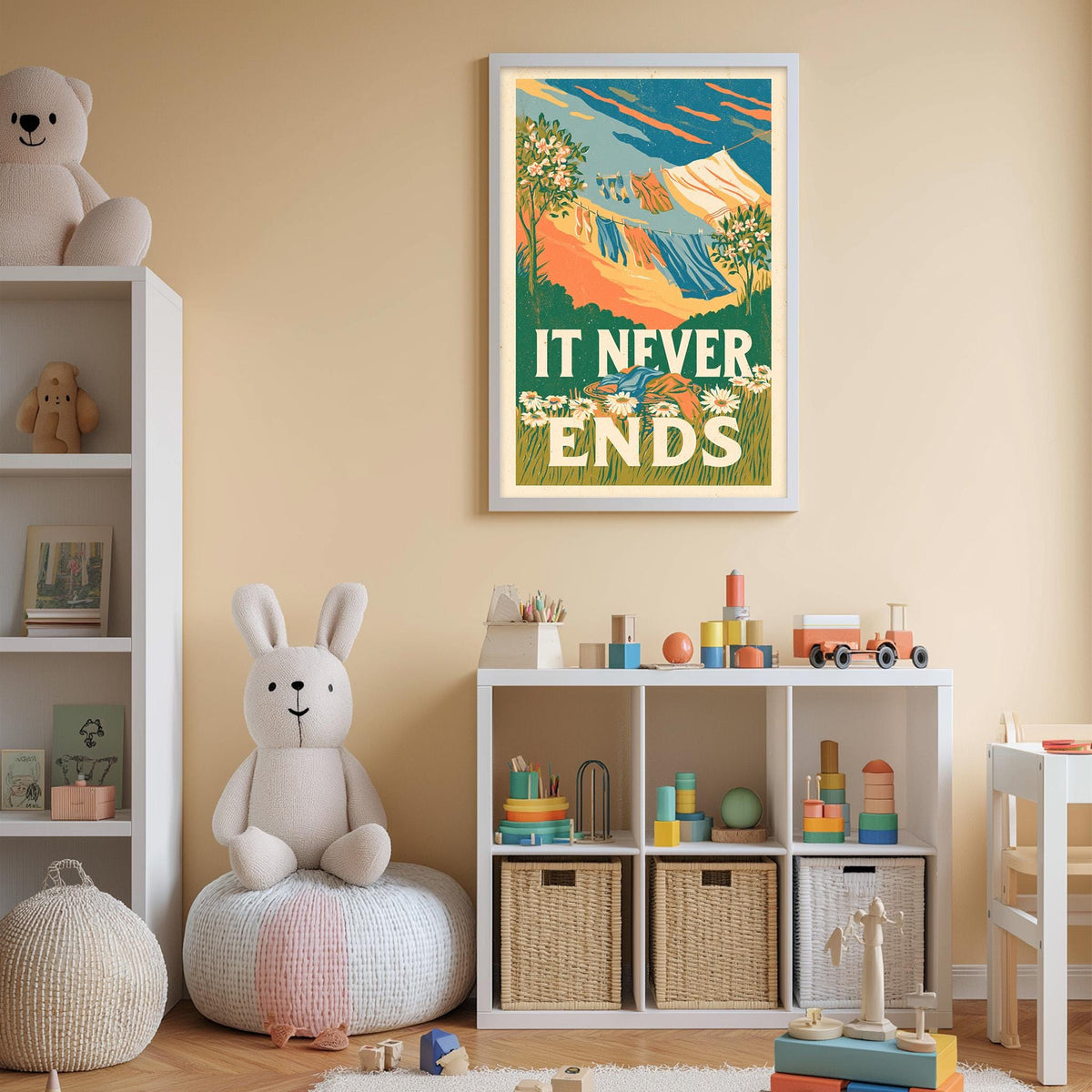 A child's bedroom with a large poster on the wall that says "IT NEVER ENDS", surrounded by various toys and storage bins.