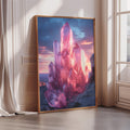a large, framed picture of a crystal formation set against a vibrant, colorful sky.