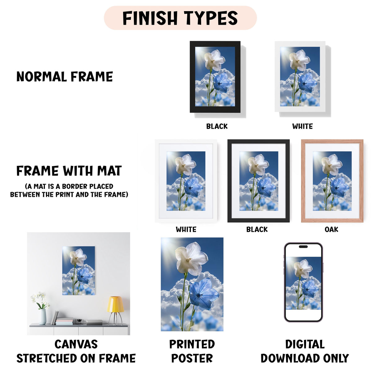 various types of artwork, including a canvas stretched on a frame, a framed photograph, and a digital poster. The artwork is presented in different frame colors and styles, such as a normal frame, a black frame, a white frame, and an oak frame. The artwork is displayed in different settings, such as a wall, a shelf, and a table. The image also includes text that provides information about the artwork, such as the finish types and the materials used.