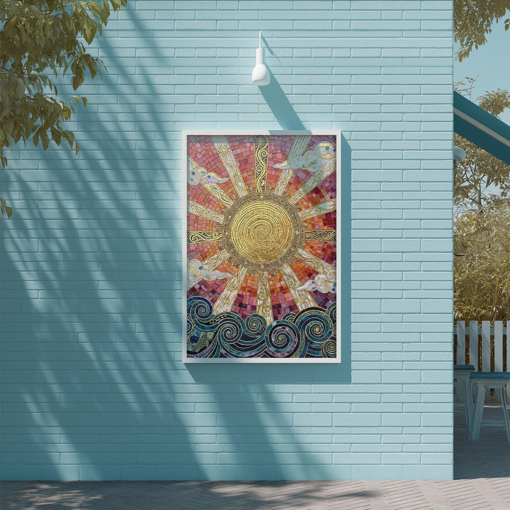 a vibrant, colorful mosaic artwork depicting a sun with swirling patterns and designs, mounted on a light blue wall.