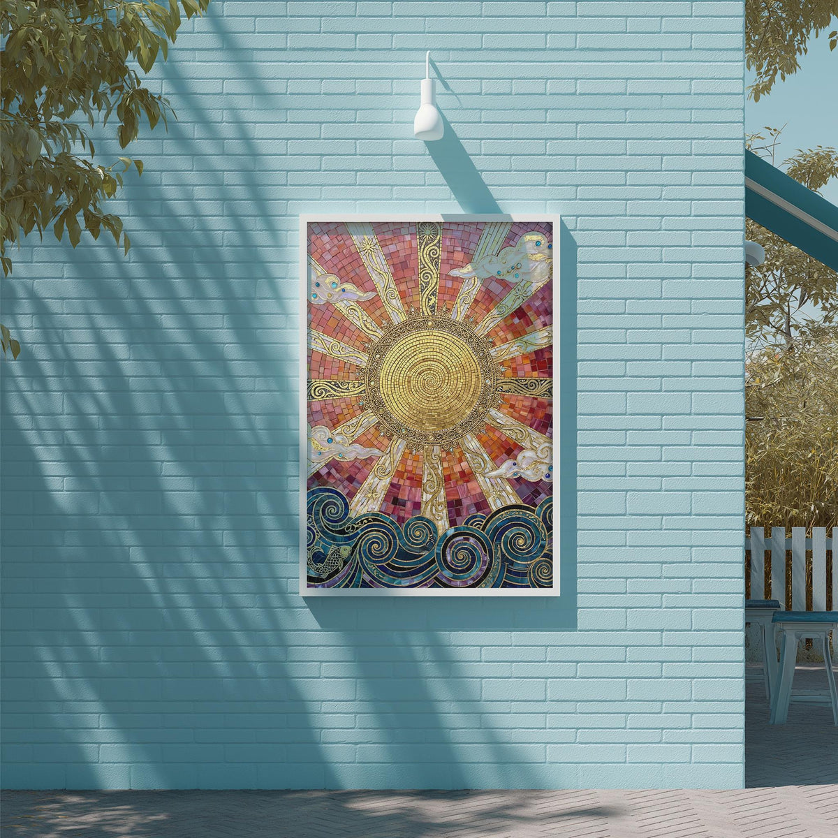 a vibrant, colorful mosaic artwork depicting a sun with swirling patterns and designs, mounted on a light blue wall.