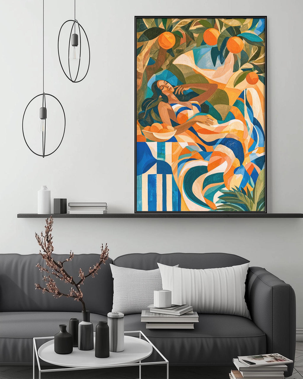 a modern living room with a gray sofa, a coffee table, and a large abstract painting hanging on the wall above the sofa.