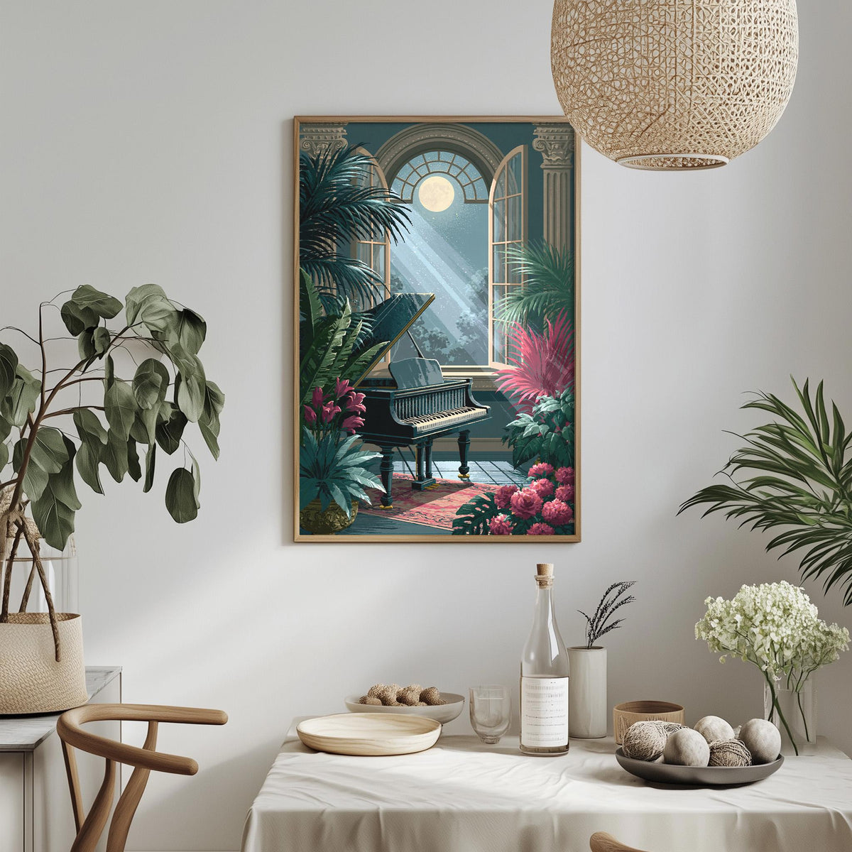 a painting of a piano surrounded by tropical plants and flowers, hanging on a wall above a table with various decorative items.