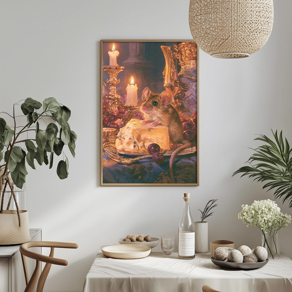 a painting of a mouse sitting on a table with a plate of cheese, surrounded by various decorative elements such as candles, plants, and a bowl of fruit.