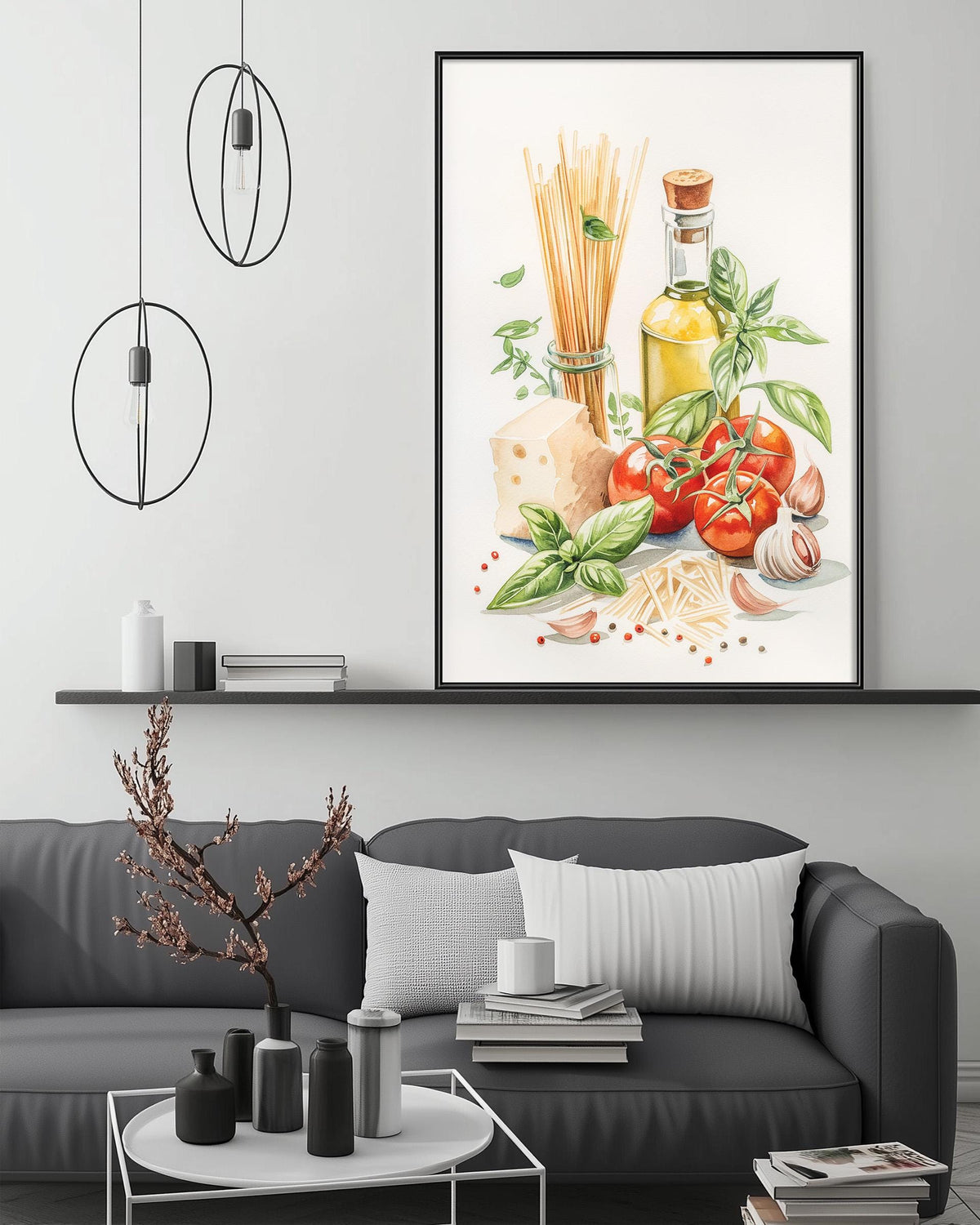 a cozy living room with a gray sofa, a coffee table, and a framed painting of Italian food on the wall.