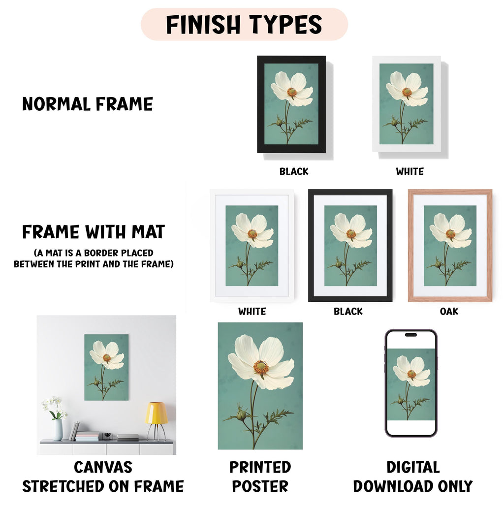 various finish types for artwork, including a normal frame, a frame with a mat, a white frame, a black frame, a white frame, a black frame, an oak frame, a canvas stretched on a frame, a printed poster, and a digital download only.