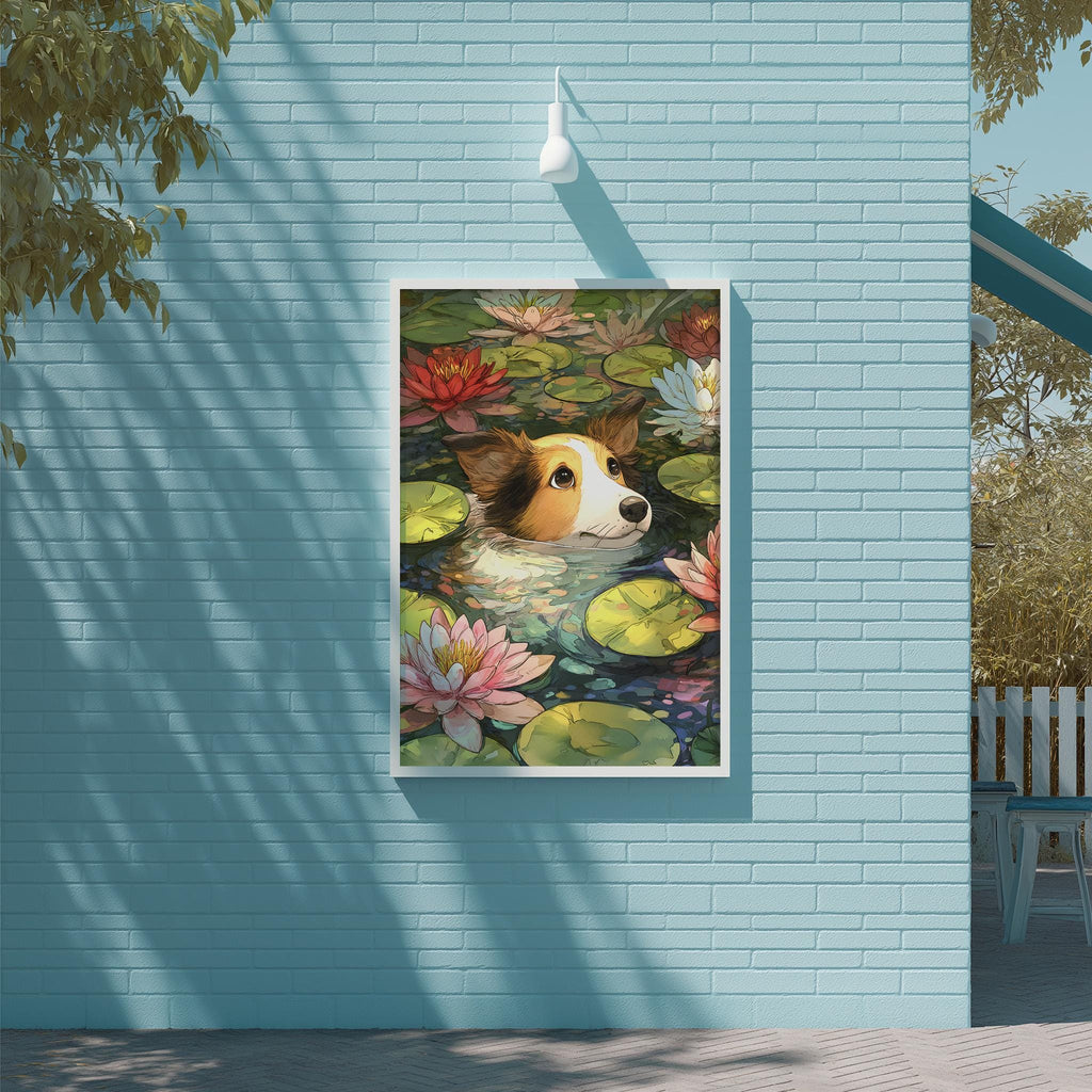 A framed painting of a dog's head surrounded by lily pads and flowers is displayed on a blue wall.