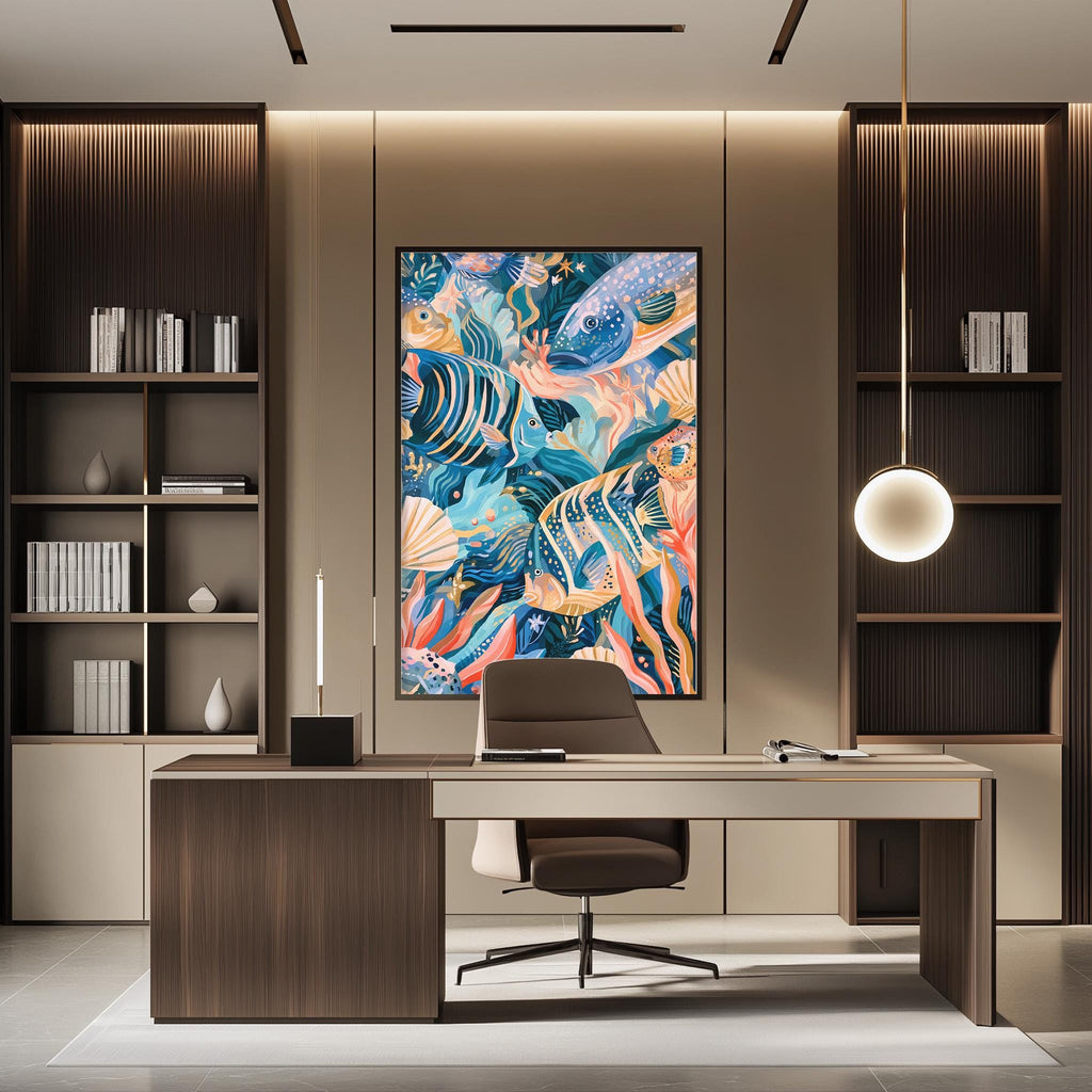 a modern and stylish office space with a large abstract painting of colorful fish on the wall behind a desk with a computer and office supplies.