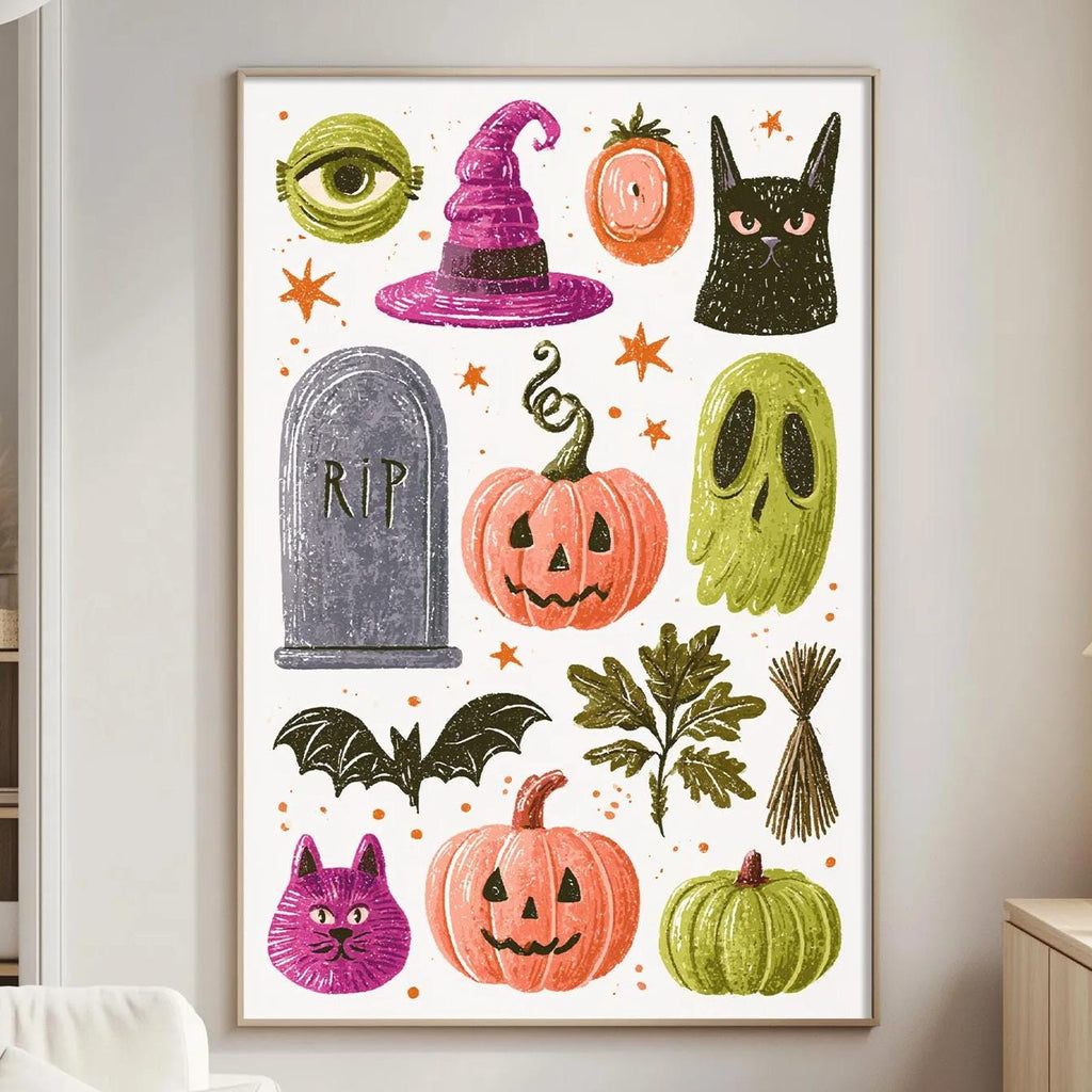a living room with a large framed poster of Halloween-themed illustrations hanging on the wall. The poster includes various spooky and festive elements such as a witch's hat, a jack-o-lantern, a ghost, a pumpkin, a bat, and a cat. The poster is the main focus of the room, and the living room itself has a white couch and a lamp, creating a cozy and festive atmosphere.