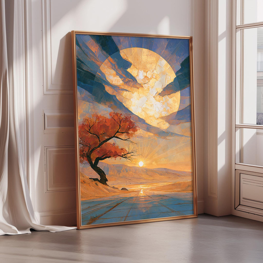 a large, framed painting depicting a serene landscape with a tree, a body of water, and a large, glowing moon in the sky.