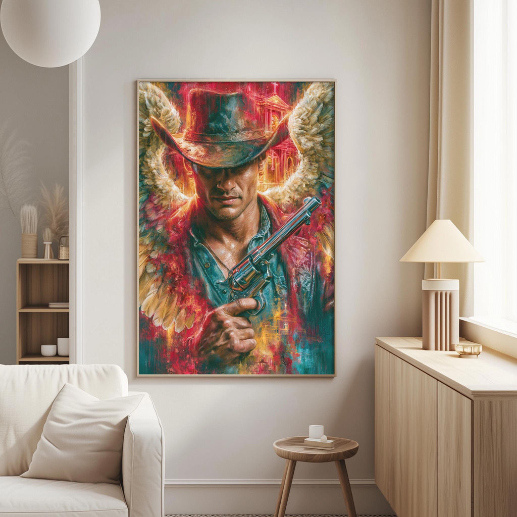 a large, colorful painting of a man holding a gun, with wings on his back, hanging on a wall in a living room setting.