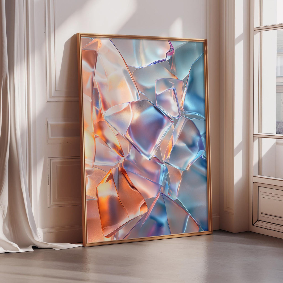 a large abstract painting with a vibrant mix of colors and shapes, including shades of orange, blue, and purple, creating a visually striking and dynamic composition.