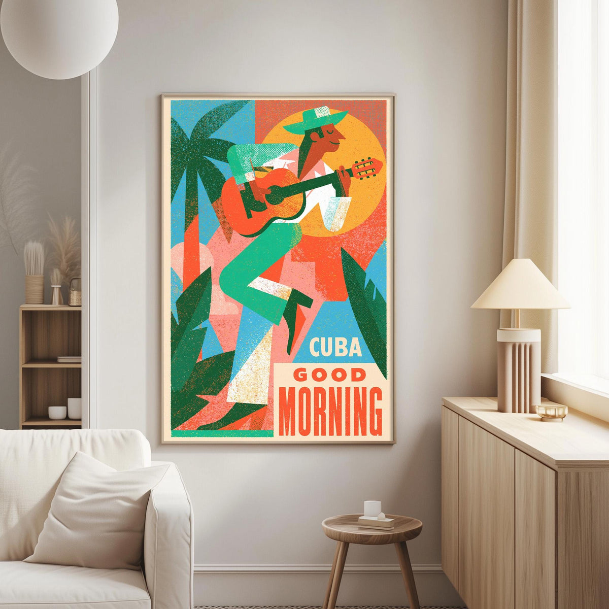 a colorful poster of a man playing guitar, with the text "CUBA GOOD MORNING" displayed prominently.