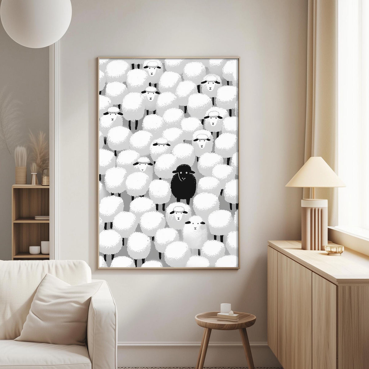 a cozy living room with a large black sheep standing out among a crowd of white sheep. The room has a white couch, a wooden side table, and a lamp on a nearby table.