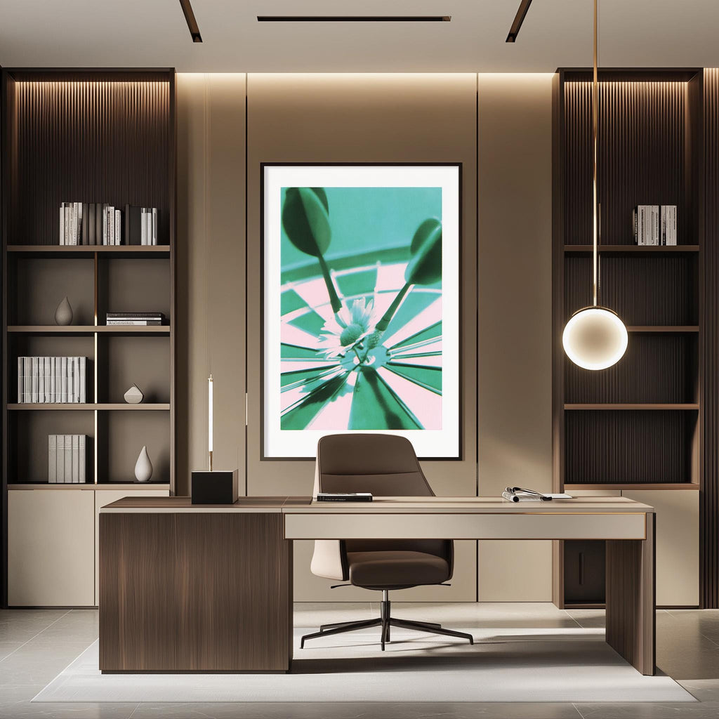 a modern and stylish office space with a large framed abstract artwork hanging on the wall above a wooden desk. The desk is positioned in front of a bookshelf, and a chair is placed in front of it. The overall design and decor create a professional and comfortable atmosphere.