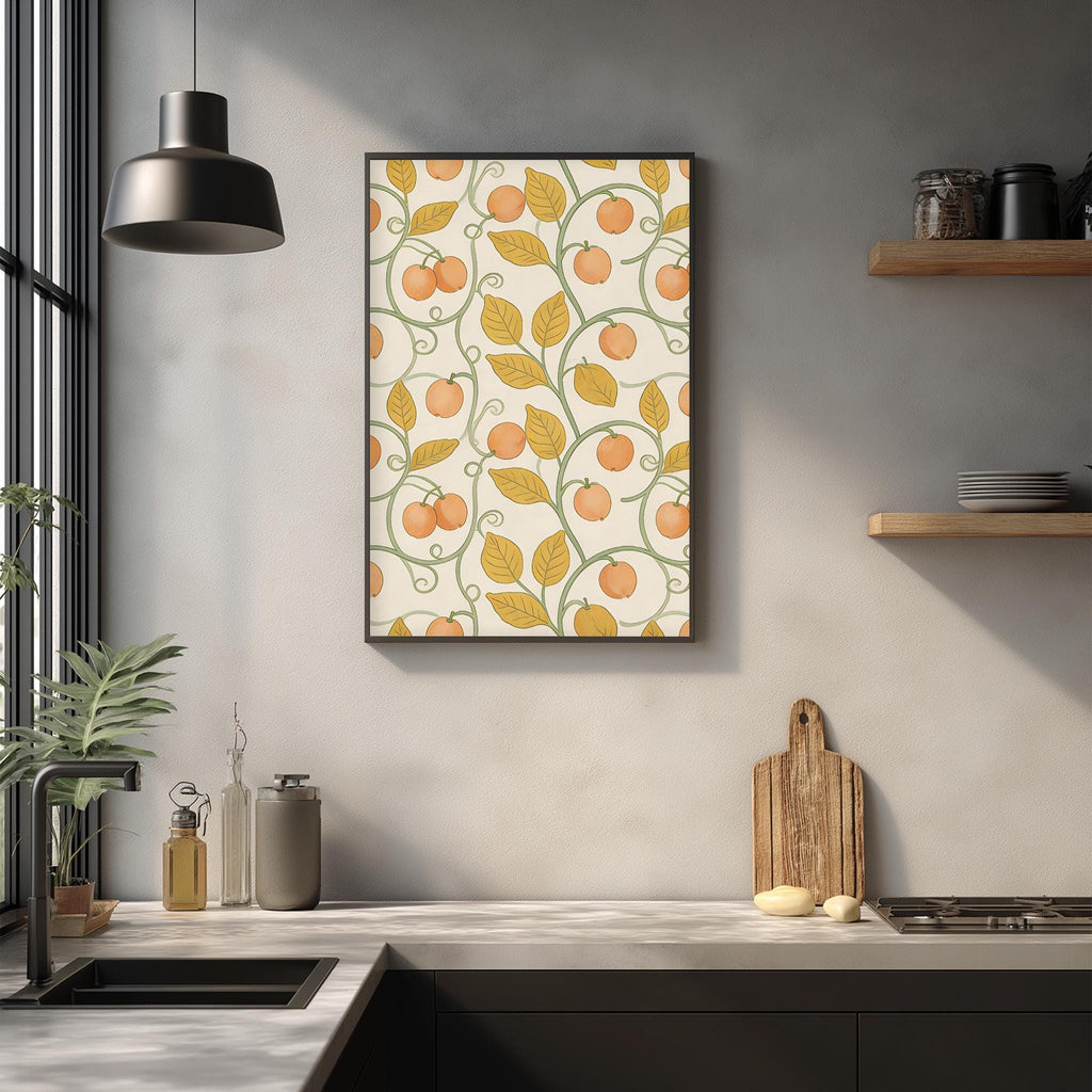 a kitchen counter with a framed print of a repeating pattern of orange and green leaves hanging on the wall above it. The counter also has various kitchen items, such as a cutting board, a knife, and a bottle.