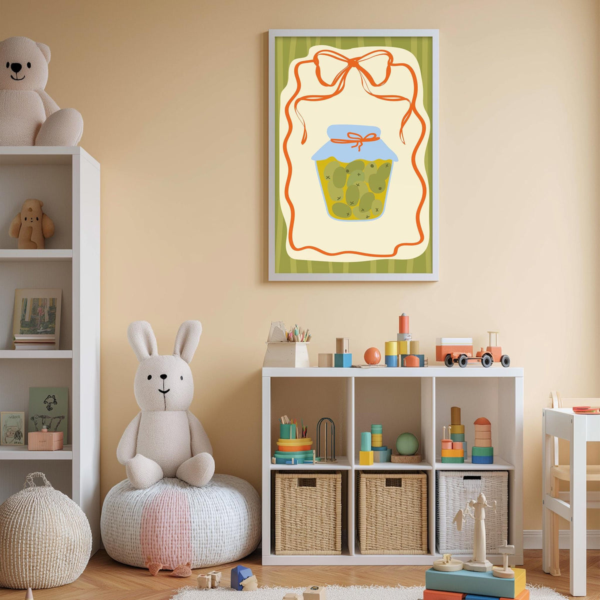 A cozy and colorful children's bedroom with a large stuffed rabbit, shelves filled with toys, and a framed picture of a jar of pickles on the wall.