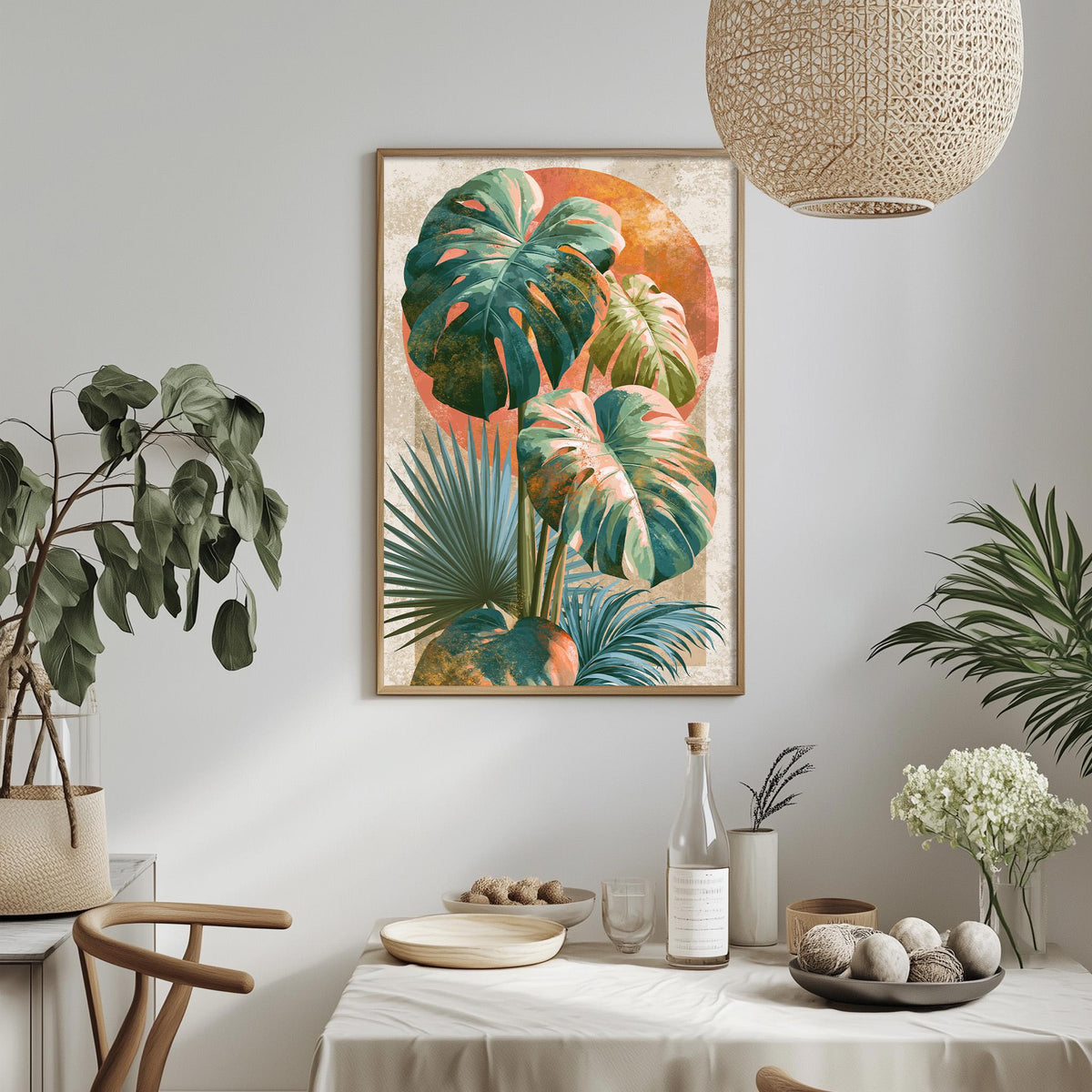 a dining table with a white tablecloth, a bowl of fruit, a bottle, and a vase with flowers. Above the table, there is a framed picture of tropical plants hanging on the wall.
