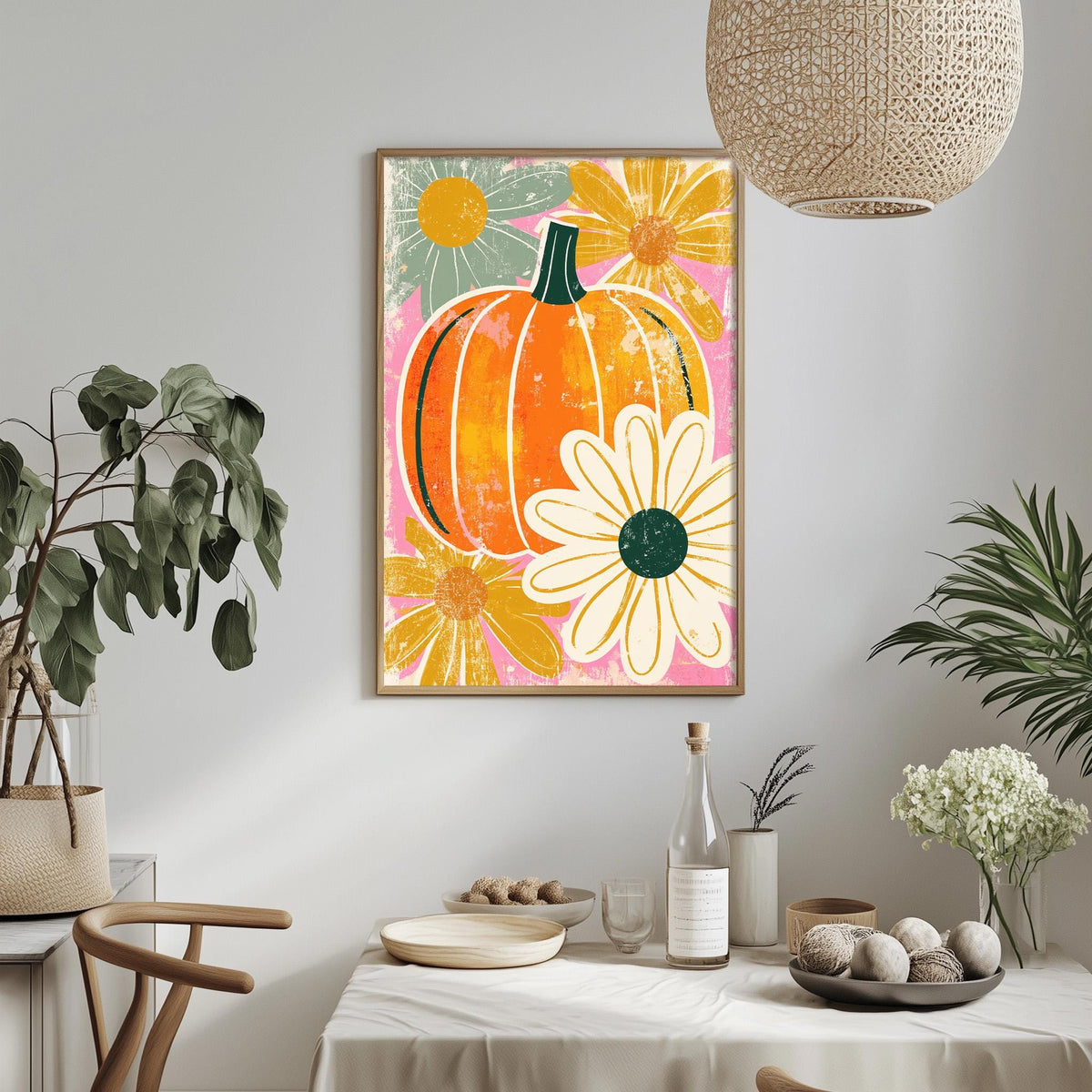 a dining table with a white tablecloth, a bowl of fruit, a bottle, and a vase with flowers. Above the table, there is a framed print of a pumpkin and flowers hanging on the wall.