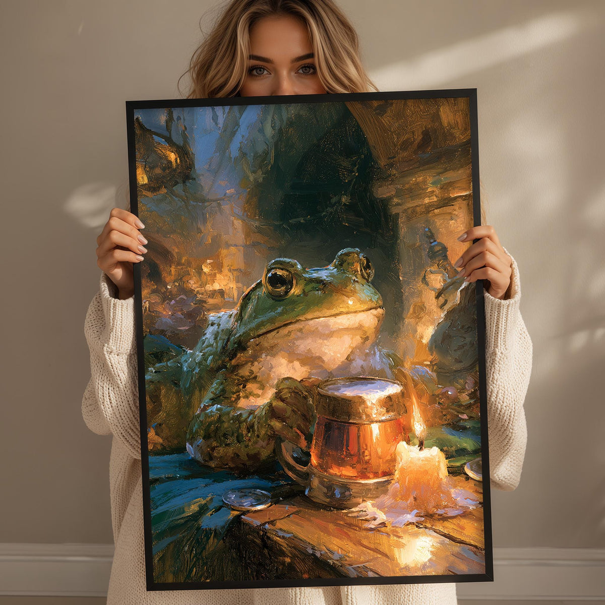 A woman holds up a framed painting depicting a green frog sitting at a table with a mug in front of it, surrounded by a warm, cozy atmosphere.