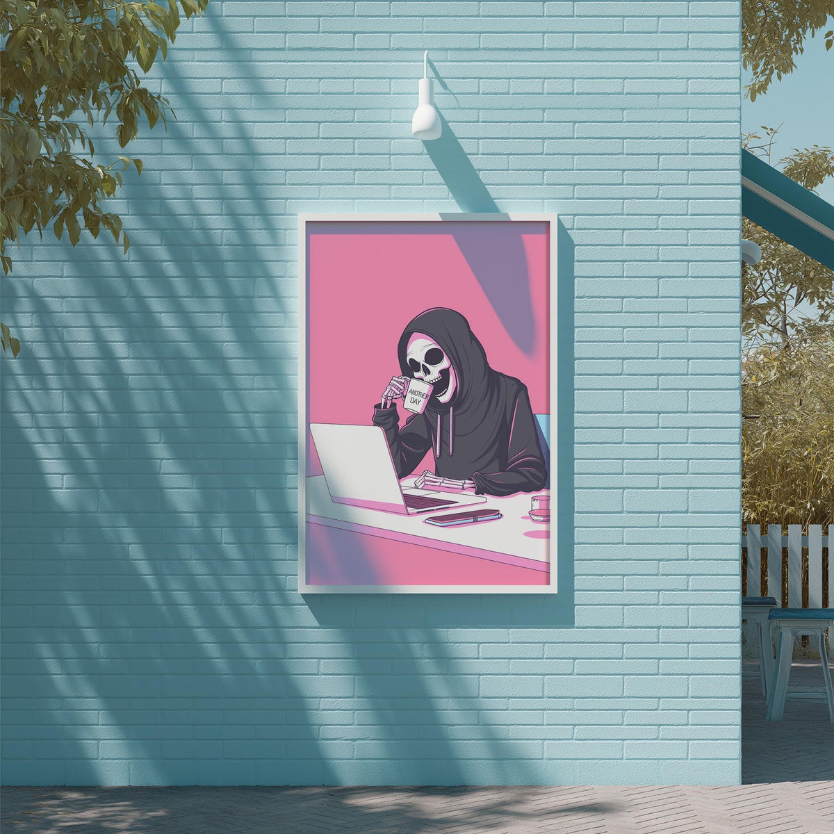 a skeleton sitting at a desk with a laptop, wearing a hoodie and holding a drink.