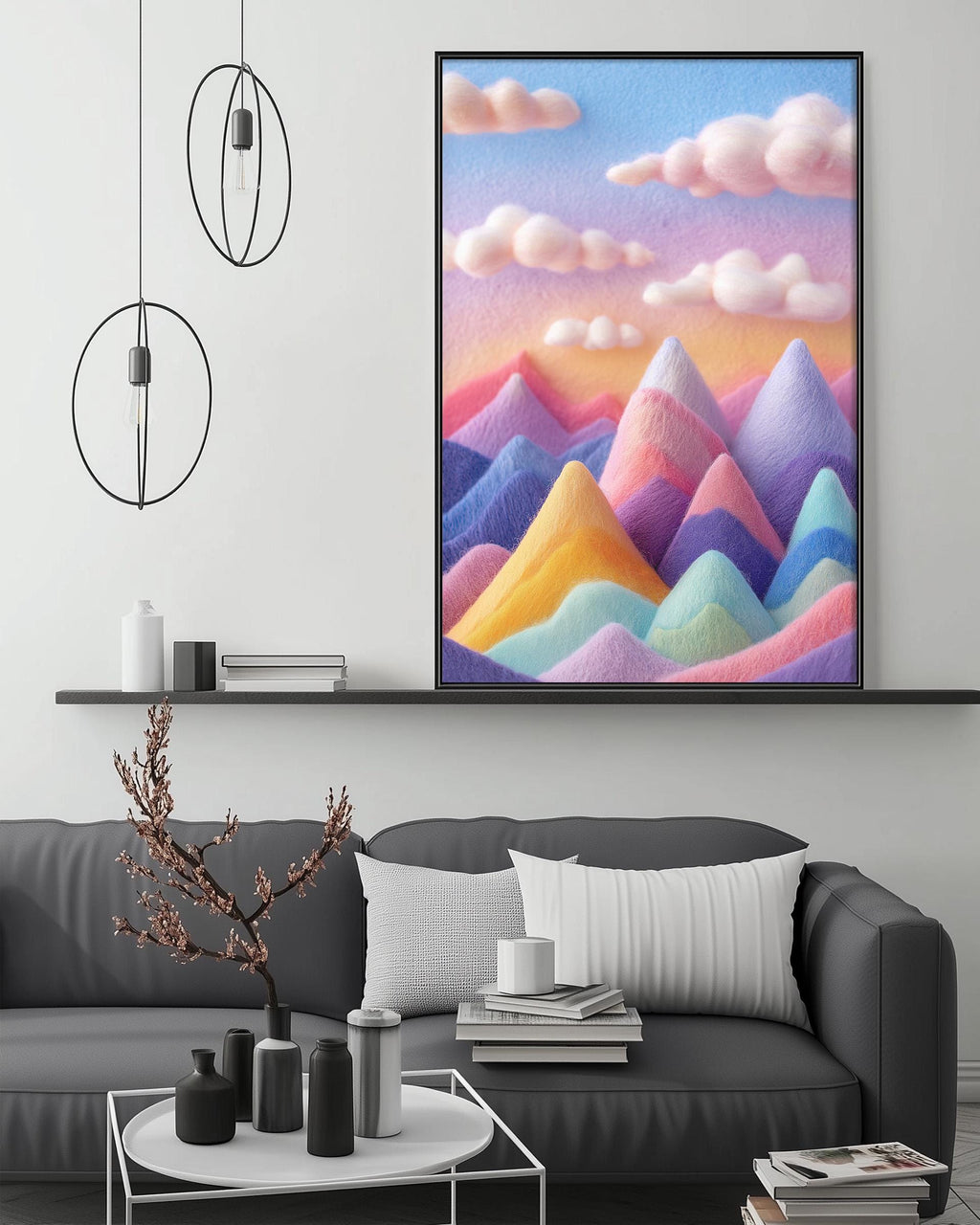 a large, colorful painting of mountains hanging on a wall above a gray couch in a living room setting.