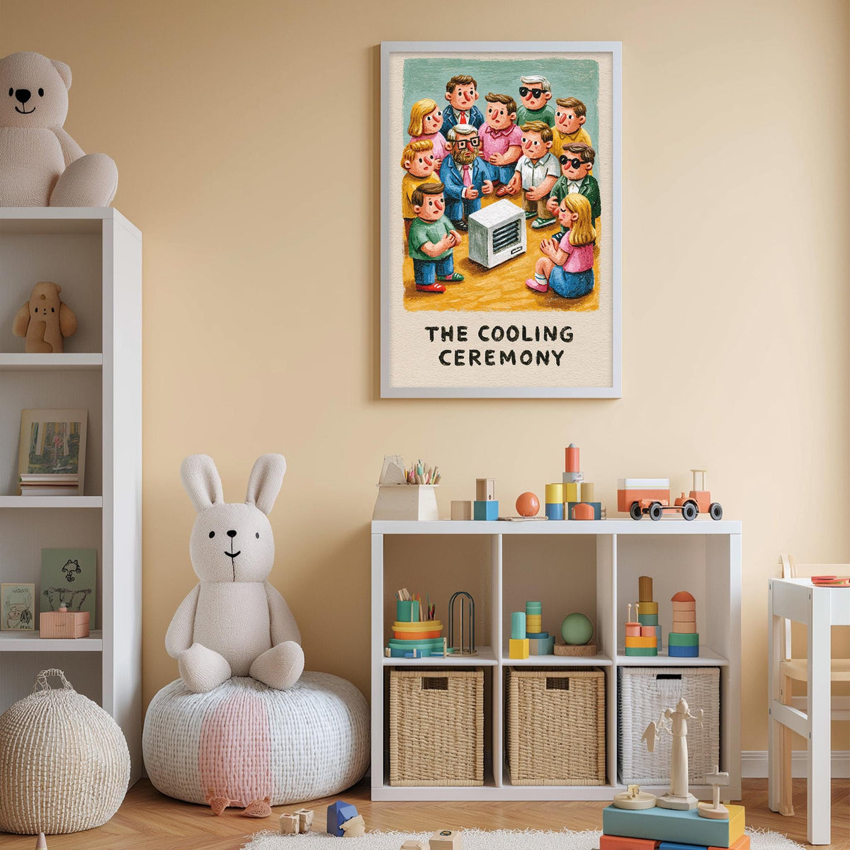 a child's bedroom with a large poster of cartoon characters on the wall, a white bookshelf filled with toys, and a small white chair.