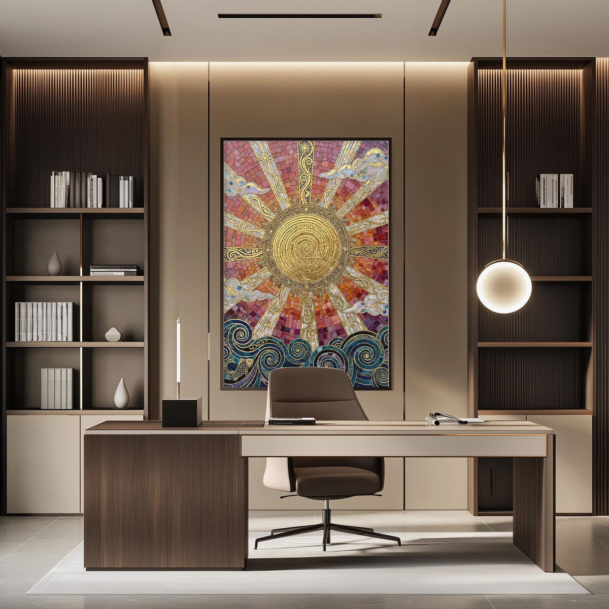 a modern and stylish office space with a large, colorful mosaic artwork hanging on the wall behind a desk. The desk is positioned in front of the artwork, creating a focal point in the room. The office also features built-in bookshelves and a pendant light, contributing to the overall contemporary design.