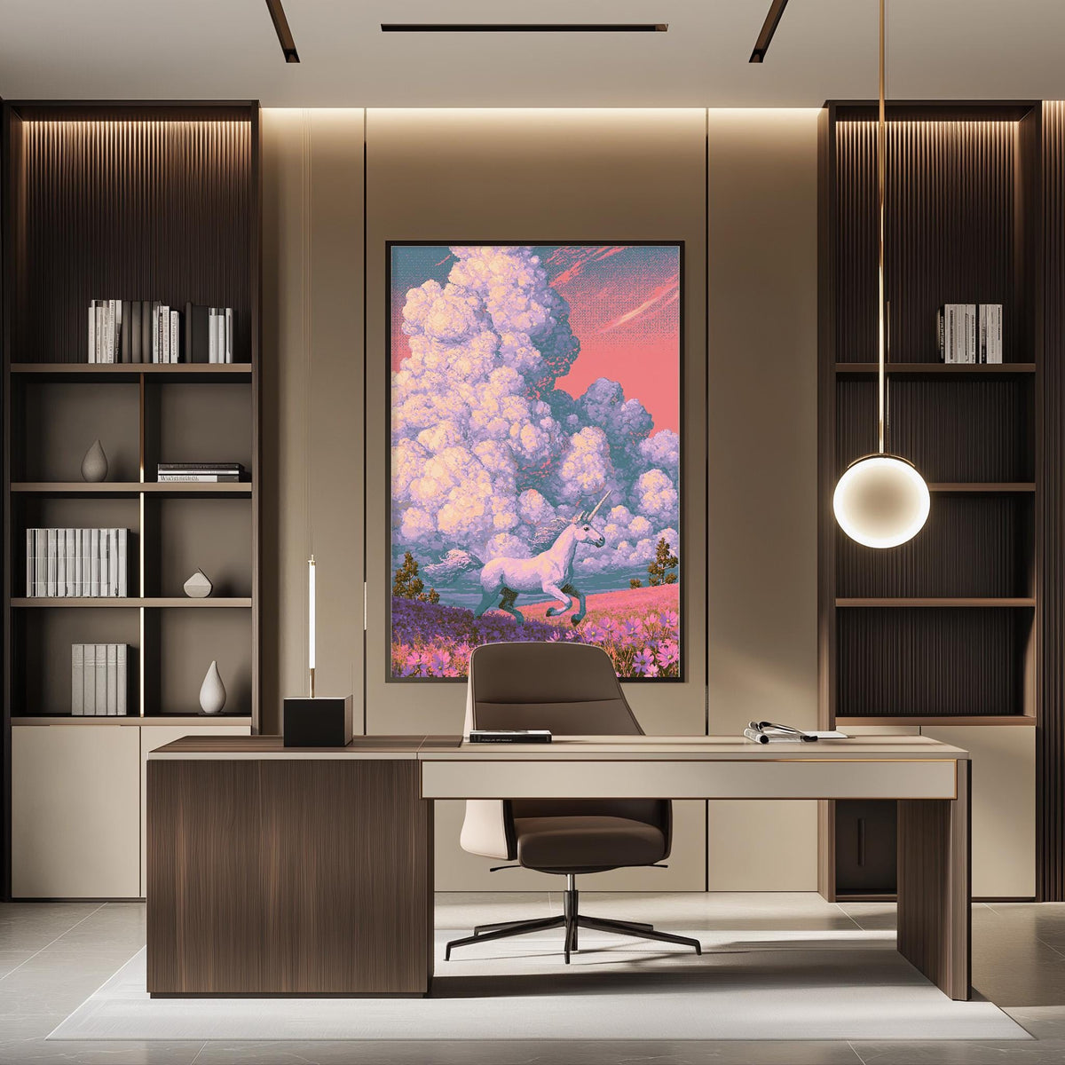 a modern and stylish office space with a large framed artwork of a unicorn in a field of flowers hanging on the wall. The office features a wooden desk, a comfortable chair, and a bookshelf filled with books. The overall design and decor create a serene and creative atmosphere.