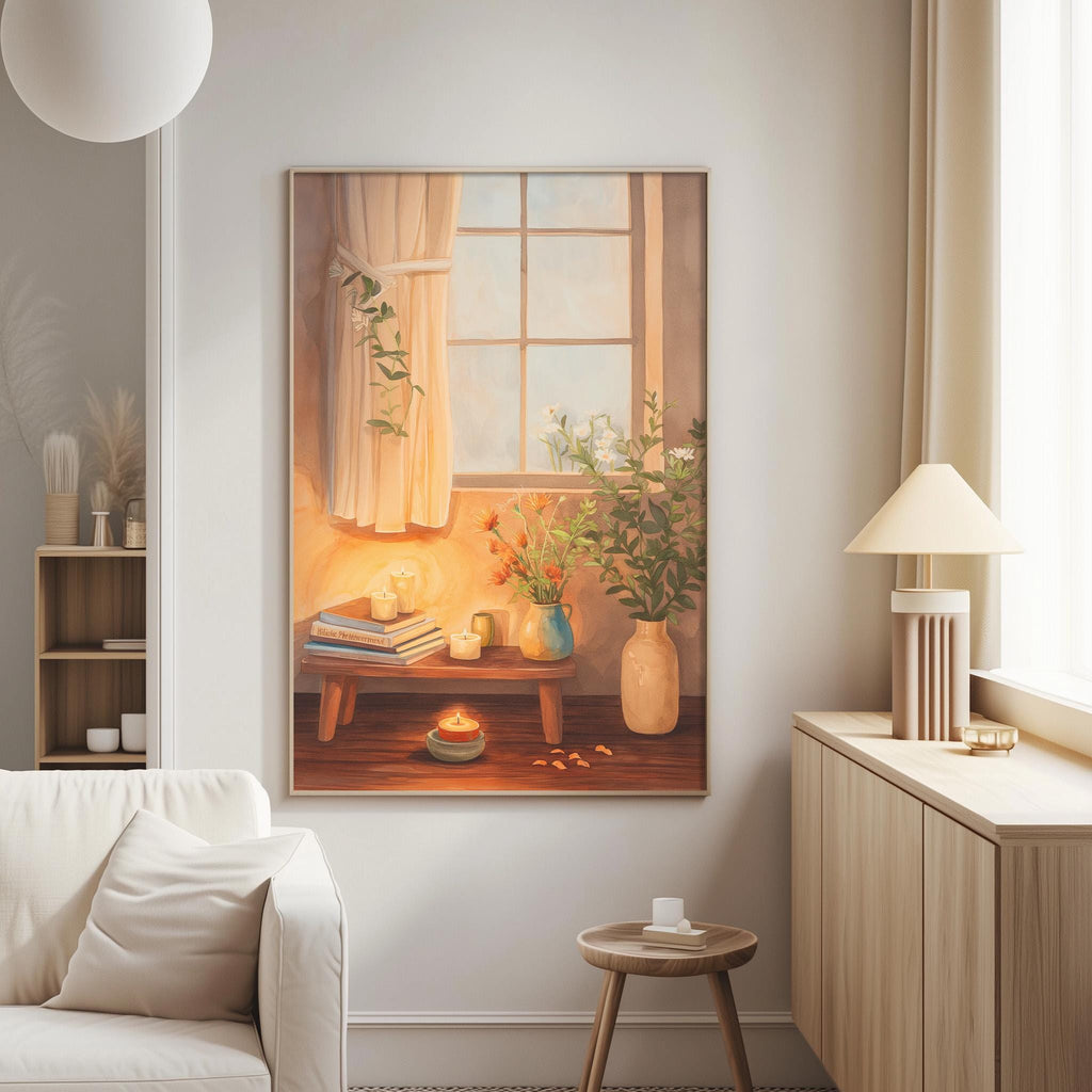 a cozy living room with a large painting of a window overlooking a table with flowers and a candle, a white sofa, a wooden side table, and a lamp.