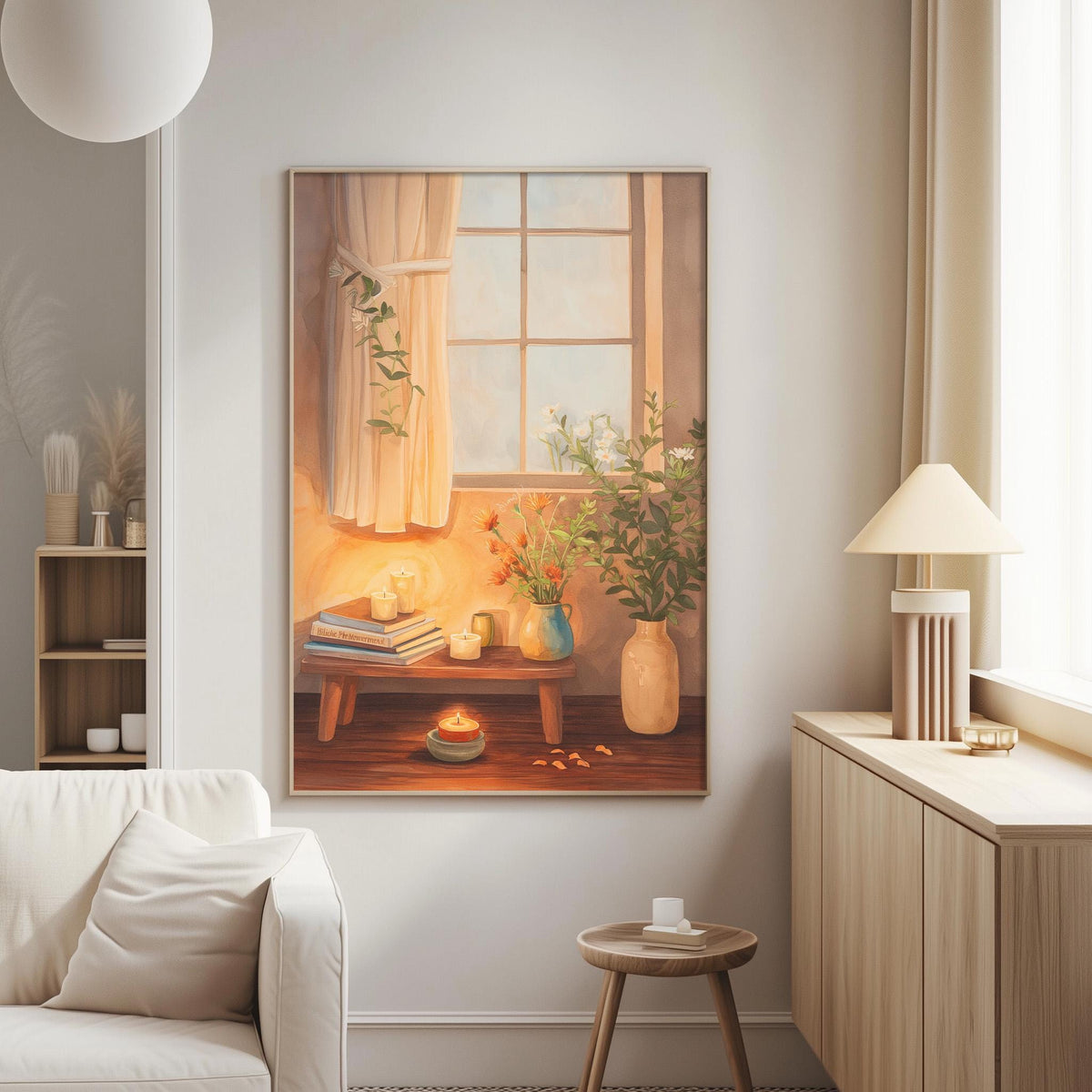a cozy living room with a large painting of a window overlooking a table with flowers and a candle, a white sofa, a wooden side table, and a lamp.