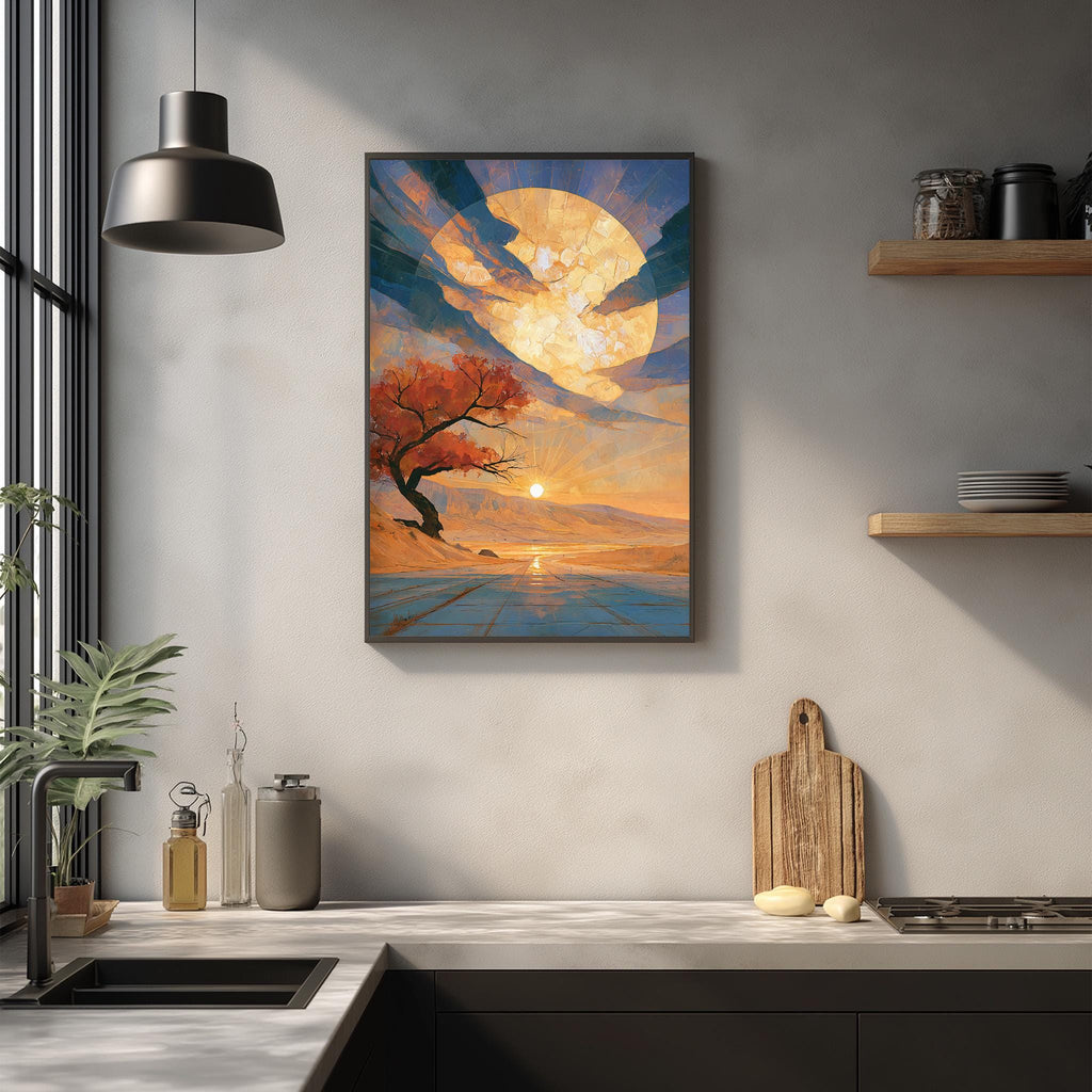 a kitchen counter with a framed painting of a sunset landscape hanging above it. The painting depicts a serene scene with a tree silhouetted against a vibrant sky filled with a large, glowing moon. The kitchen counter is adorned with various items, including a cutting board, a bottle, and a vase, creating a cozy and inviting atmosphere.